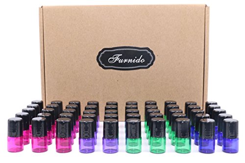Pack of 50,1ml (1/4 Dram) Glass Roll on Bottle Mixed Color Sample Test Roller Essential Oil Vials Stainless Steel Roller Balls With Black Cap For Aromatherapy,Perfume Oils-Pipette included