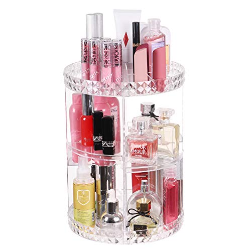 Deksias 360 Rotating Makeup Organizer, Adjustable Carousel Acrylic Storage,Large Capacity Spinning Cosmetics Display Case for Bathroom,Bedroom,Dresser or Vanity Countertop (Clear)