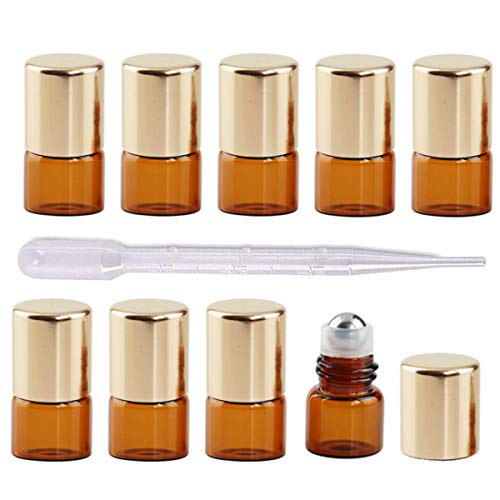 50Pcs 1ml (1/4 Dram) Refillable Empty DIY Mini Travel Glass Roll On Bottles Essential Oils Roller Bottles Perfumes Cosmetic Sample Vials Jar Containers with Gold Lids and Stainless Steel Roller Ball