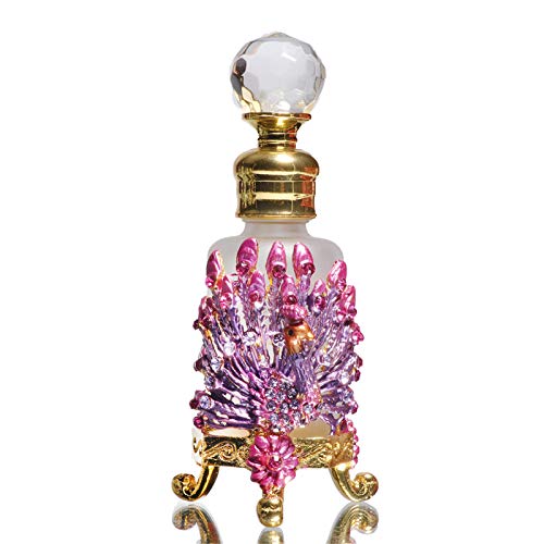 Waltz&F Peacock Frosted Glass Octagon Vintage Jeweled Perfume Bottle Empty Refillable Essential Oil Bottle12ml (Pink)