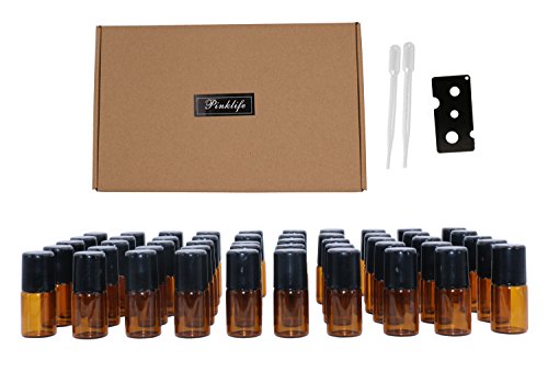 Pinklife Amber Glass Roller Bottles 50 Packs Mini 2ml Glass Roll on Bottle Essential Oils Bottles Aromatherapy Perfumes Metal Rollerball Bottles,Includes 1 Opener,2 droppers