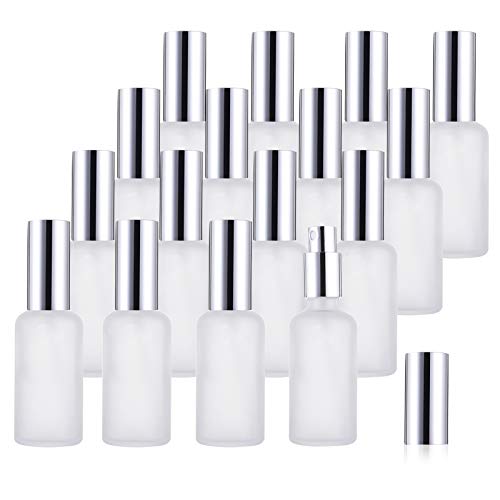 Bekith 16 Pack 2oz Glass Spray Bottles, Frosted Empty Perfume Atomizer, Refillable Fine Mist Spray for Essential Oils, Cleaning Products, Silver Sprayer