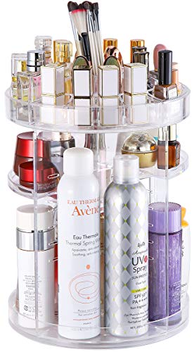 360 Rotating Makeup Organizer, Great Clear Acrylic Cosmetic Storage Display in Vanity Bathroom and Dresser, Large and Tall for Skincare Cream, Perfume, Lotion and More ( 3 Removable Lipstick Racks )