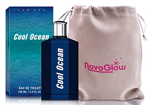 Cool Ocean Perfume for Men, Eau De Toilette, 3.4oz, Long Lasting Fragrance, with a NovoGlow Suede Pouch Included