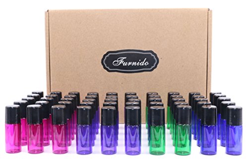 Pack of 50,3ml Glass Roll on Bottle Mixed Color Sample Test Roller Essential Oil Bottles glass vials With Stainless Steel Roller Balls,Black Plastic Cap For Travel Aromatherapy,Perfume Oils