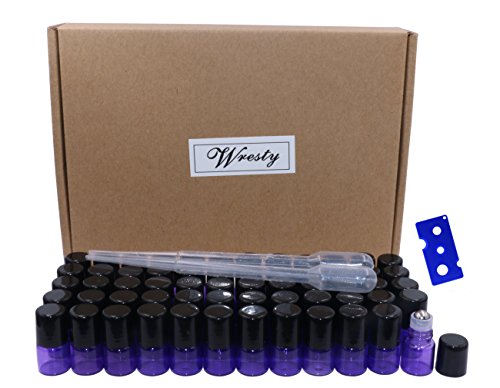 Wresty 60 Pcs Roll on Glass Bottle 1ml Mini Purple Glass Roller Ball Bottles Refillable Empty Sample Vials Essential Oil Perfumes Aromatherapy Roller Bottles,with Opener and Droppers