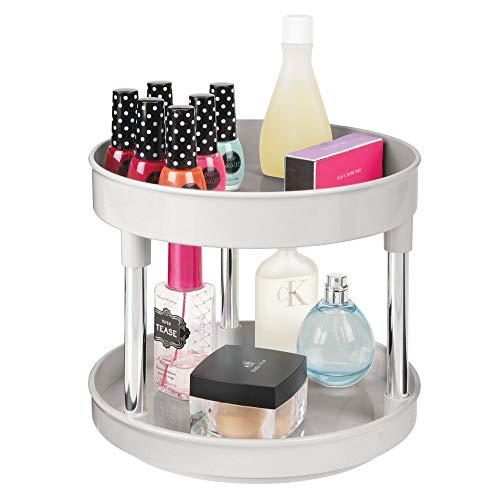 mDesign Spinning 2-Tier Lazy Susan Turntable Storage Tray - Raised Edge, Rotating Organizer for Bathroom Counter Tops, Dressing Tables, Makeup Stations, Dressers - 9 Inch Diameter - Light Gray/Chrome