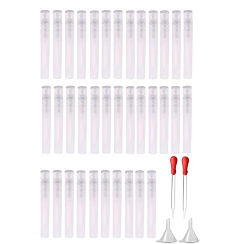 36Pcs Mini 10ml Clear Atomizer Sprayer Plastic Spray Bottle Refillable Tube Perfume Empty Sample Bottles Mist Spray Bottle,Two Plastic Funnels&Two Glass Droppers for Travel Party Portable Makeup Tool