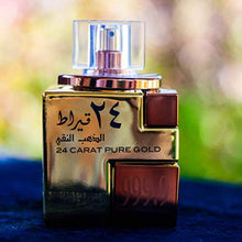 Load image into Gallery viewer, 24 Carat Pure Gold EDP - 100 ML (3.4 oz) I Classic combination of Oudh, roses and vanilla I Incense, Amber, Leather, Musk, &amp; Vanilla I Very Strong Smell I Powerful Arabic Attar perfume I by Lattafa
