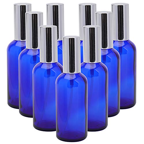 Foraineam 9 Pack 100ml / 3.4 oz. Blue Glass Spray Bottles with Atomizer Refillable Fine Mist Spray Bottle Containers for Perfume, Essential Oils, Cleaning Products