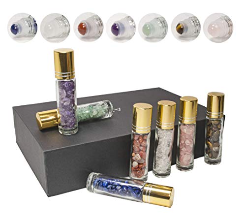 Yippee 7 pcs 10 ml Crystal Essential Oil Roller Bottles Set With Natural Healing Crystal Gemstone Chips Roll On Balls Empty Perfume Glass Bottles Kit