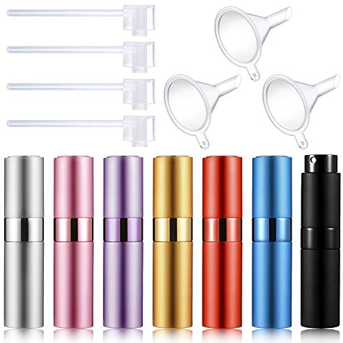 7 Pieces 8 ml Perfume Atomizer Bottle Travel Mini Refillable Atomizer Empty Perfume Spray Bottle with 4 Pieces Perfume Dispenser Pump and 3 Pieces Funnels