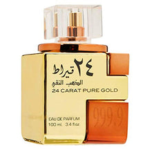 Load image into Gallery viewer, 24 Carat Pure Gold EDP - 100 ML (3.4 oz) I Classic combination of Oudh, roses and vanilla I Incense, Amber, Leather, Musk, &amp; Vanilla I Very Strong Smell I Powerful Arabic Attar perfume I by Lattafa
