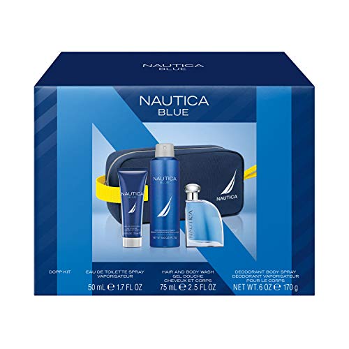 Nautica Blue 4-Piece Gift Set with 1.7-Ounce Eau de Toilette, 2.5-Ounce Hair and Body Wash, 6-Ounce Body Spray, and Toiletry Bag, Total Retail Value $49.00