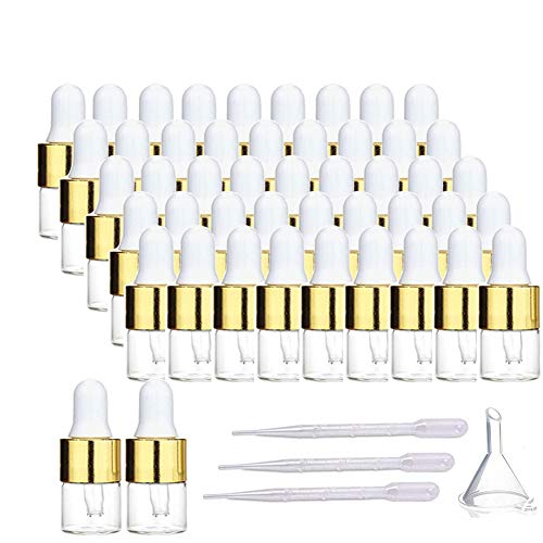 ConStore 100pcs Clear Glass Dropper Bottle Mini Perfume Essential Oil Bottles with Glass Eye Dropper Empty Sample Vial Jar Refillable Cosmetic Containers+3 Dropper+1 Funnel (1ml)