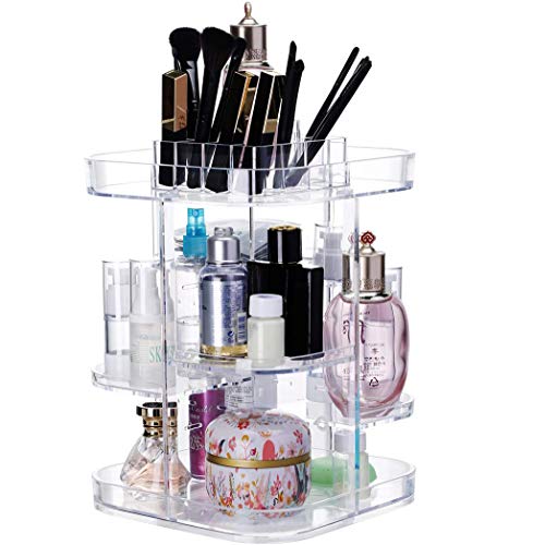 UEK Makeup Organizer, 360 Rotating Adjustable Acrylic Clear Cosmetic Countertop Storage, Large Capacity Crystal Display Stand Box for Lipsticks, Lotion, Perfumes