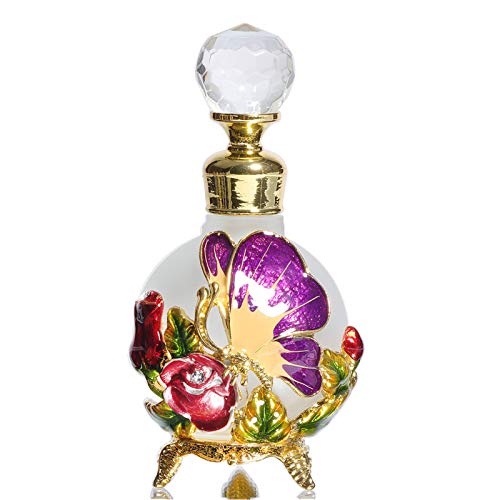 Waltz&F Butterfly and Rose Jeweled Vintage Perfume Bottle Empty Refillable Essential Oil Bottle 25ml (Purple)