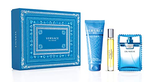Versace Eau Fraiche For Men 3 Piece Set (3.4 Oz Eau De Toilette Spray + 5.0 Ounce Perfumed Shower Gel + 0.3 Ounce Eau De Toilette Travel Spray, multi color
