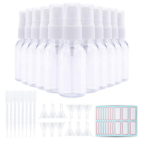 Trendbox 1oz Clear Empty Fine Mist Plastic Bottles Refillable PET BPA-Free Travel Containers For Cleaning, Perfume, Liquids 96 Pack with 96 Labels, 32 Funnels, 32 Pipettes