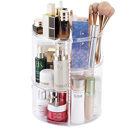 360 Spinning Makeup Organizer - Rotating Makeup Organiser Storage Lazy Susan Rack for Perfume, Nail Polish - Premium Makeup Brush Holder for Dresser Vanity, Bathroom, Countertop - 7 Adjustable Layers with 4 Trays for Cosmetics, Brushes, Creams - Clear