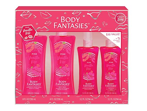 Body Fantasies Pink Vanilla Kiss Perfume Gift Set for Women, 4 Pieces