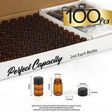 Load image into Gallery viewer, Teenitor 100 Packs 2 ML (5/8 Dram) Essential Oil Bottles, Small Sample Amber Glass Jars With Orifice Reducers And Black Caps For Oil Blends, Perfumes, Lab Chemicals
