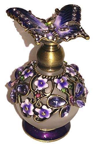 Welforth Jeweled Purple Butterfly & Flower Enamel Round Crystal Perfume Bottle