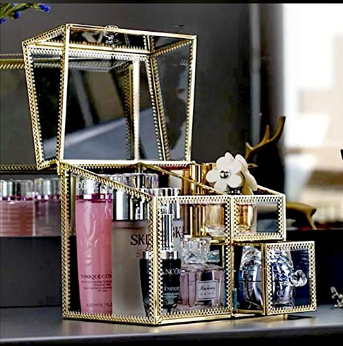 Elegant Vintage Glass Makeup Organizer - Gold Lace Perfume Cosmetic/Makeup Brushes/Lipsticks/Nail Polish Storage Holder with 3 Compartments for Bedroom, Dresser, Countertop