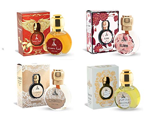 Hamidi 15 ml Perfume Oil Alcohol Free Pack of 4 Assorted Attar Ameera + Special Musk Fragrance For Men + Bloom + Chantilly For Women