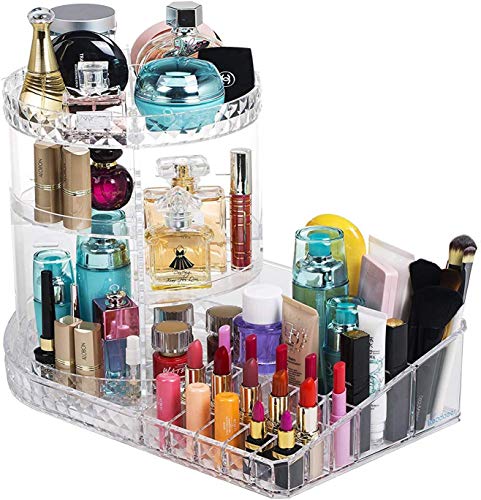 iPEGTOP Acrylic Rotating Makeup Organiser, 360 Degree Rotating Adjustable Jewelry Cosmetic Perfumes Display Stand Box, Great Capacity Make Up Storage For Dresser, Bedroom, Bathroom - Clear
