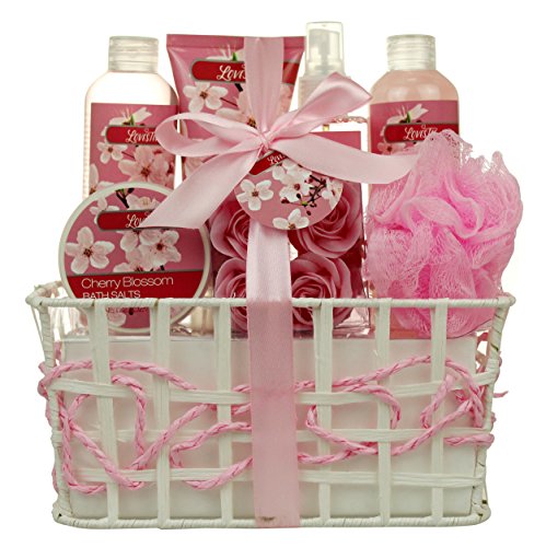 Best Mother's Day Bath and Body - Spa Gift Baskets for Women & Girls, Cherry Fragrance, Spa Birthday Gift Includes Loofah Sponge, Bath Salt, Body Lotion, Soap Rose, Body Mist, Shower Gel Bubble Bath