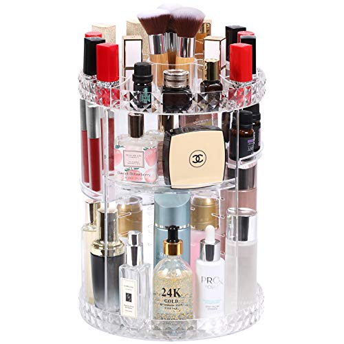 Syntus Makeup Organizer 360 Rotating, DIY Adjustable Bathroom Makeup Carousel Spinning Holder Rack, Large Capacity Cosmetics Storage Box, Fits Makeup Brushes, Lipsticks, Clear