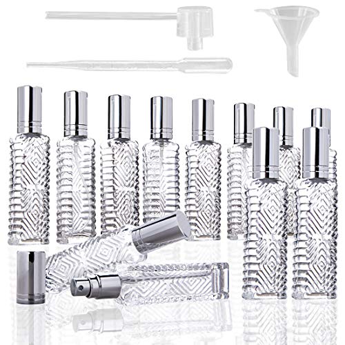YU FENG 12pcs Engraved Taj Mahal Style Clear Glass Atomizer Spray Bottles Empty Refillable for Perfume Essential Oil,Packed with Funnels Pipettes Dispensers
