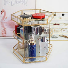 Load image into Gallery viewer, Yamfurvo 360 Degree Rotation Makeup Organizer Antique Countertop Cosmetic Storage Case, Glass Beauty Display, Gold Spin Large Capacity Holder for Brushes Lipsticks Skincare Toner
