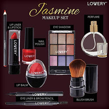 Load image into Gallery viewer, Premium Bath and Body Gift Basket For Women ?Çô 30 Piece Set, Jasmine Home Spa &amp; Makeup Set, Includes Cosmetic Pencils, Lip Balm, Lotions, Perfume, Black Leather Cosmetic Bag &amp; More
