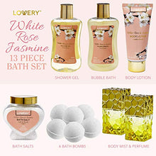 Load image into Gallery viewer, Bath and Body Gift Basket For Women - 13 Piece Set of White Rose and Jasmine Scented Cosmetic and Home Spa Set with Bath Bombs, Body Mist, Perfume, Intricate Gold Perfume Holder and More

