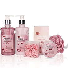 Load image into Gallery viewer, Spa Gift Basket - Bath and Body Cherry Rose Scent For Women - Spa Bath Kit &amp; Bath Gift Basket Birthday Gift includes Shower Gel, Body Lotion, Bath Salt, Body Scrub, Sponge &amp; Soap
