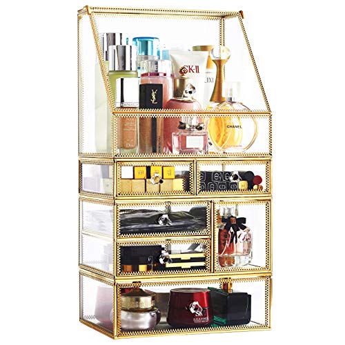 Antique Spacious Mirror Glass Drawers Set/ Vanity Dresser Gold Makeup Storage /Stunning Cube Beauty Display. It Consists of 4Separate Organizers Dustproof for Skincare/Pallete/Perfumes/Brushes/Makeup