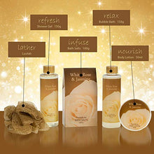Load image into Gallery viewer, White Rose Jasmine Spa Set For Women Displayed in Elegant Gold Tub Includes Shower Gel, Bubble Bath, Body Lotion, Jasmine Bath Salt and Pouf, Award Winning Bath and Body Set

