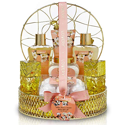 Bath and Body Gift Basket For Women - 13 Piece Set of White Rose and Jasmine Scented Cosmetic and Home Spa Set with Bath Bombs, Body Mist, Perfume, Intricate Gold Perfume Holder and More