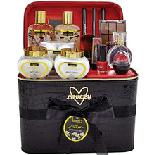 Load image into Gallery viewer, Premium Bath and Body Gift Basket For Women ?Çô 30 Piece Set, Jasmine Home Spa &amp; Makeup Set, Includes Cosmetic Pencils, Lip Balm, Lotions, Perfume, Black Leather Cosmetic Bag &amp; More
