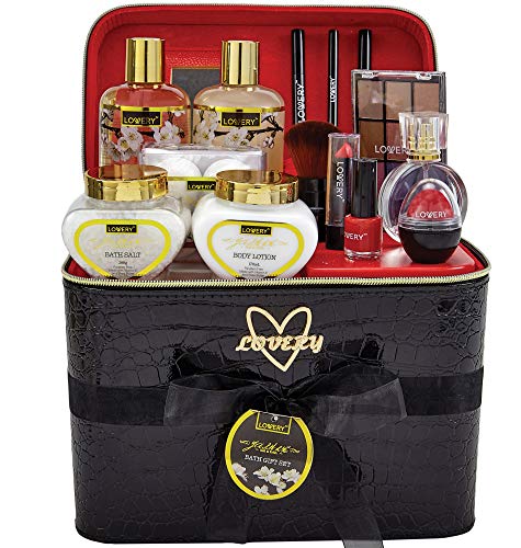 Premium Bath and Body Gift Basket For Women ?Çô 30 Piece Set, Jasmine Home Spa & Makeup Set, Includes Cosmetic Pencils, Lip Balm, Lotions, Perfume, Black Leather Cosmetic Bag & More