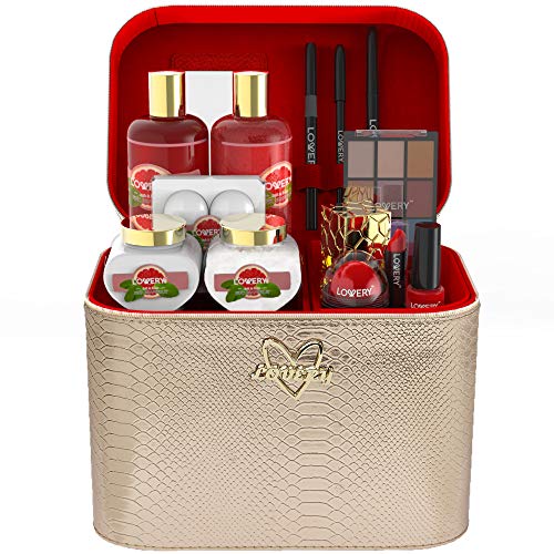 Premium Bath and Body Gift Basket For Women ?Çô 30 Piece Set, Pink Grapefruit Home Spa and Makeup Set, With Cosmetic Pencils, Lip Balm, Lotion, Perfume, Rose Gold Leather Cosmetic Bag & More