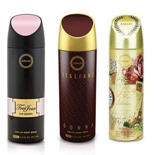 Load image into Gallery viewer, Pack of 3 Assorted Armaf Perfume Body Spray 6.6 oz Just for You + Italiano Donna + Tres Jour For Women (Just for You + Italiano Donna + Tres Jour)
