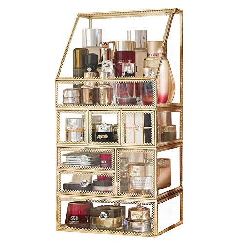 minopigo Antique Spacious Mirror Glass Drawers Set/Metal Cosmetic Makeup Storage/Stunning Jewelry Cube Perfume Organizer. It Consists of 4Separate Organizers Dustproof (Brass)