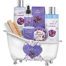 Load image into Gallery viewer, Relaxing Lavender Spa Bath Gift Baskets for Women-Girls, Christmas, Birthday, Bath and Body Set-Kit Includes Candle, Essential Oil, Body Scrub, Bath Salt, Body Lotion, Shower Gel and Body Scrub Brush
