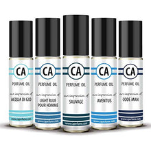 Load image into Gallery viewer, CA Perfume Best Spring Men Set Impression of (Light Blue + Sauvage + Code + Aventus + Acqua Di Gio) Fragrance Body Oils Alcohol-Free Essential Sample Travel Size Roll-On (0.3 Fl Oz/10 ml) x5
