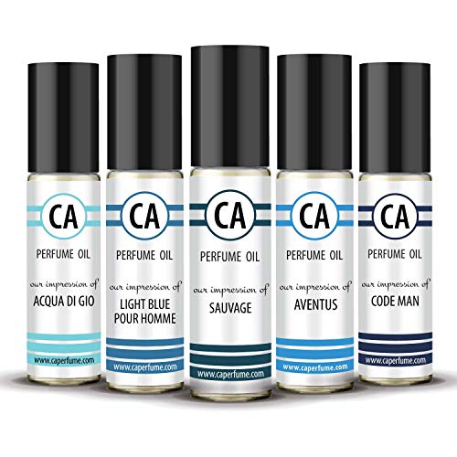 CA Perfume Best Spring Men Set Impression of (Light Blue + Sauvage + Code + Aventus + Acqua Di Gio) Fragrance Body Oils Alcohol-Free Essential Sample Travel Size Roll-On (0.3 Fl Oz/10 ml) x5