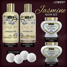 Load image into Gallery viewer, Premium Bath and Body Gift Basket For Women ?Çô 30 Piece Set, Jasmine Home Spa &amp; Makeup Set, Includes Cosmetic Pencils, Lip Balm, Lotions, Perfume, Black Leather Cosmetic Bag &amp; More
