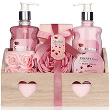 Load image into Gallery viewer, Spa Gift Basket - Bath and Body Cherry Rose Scent For Women - Spa Bath Kit &amp; Bath Gift Basket Birthday Gift includes Shower Gel, Body Lotion, Bath Salt, Body Scrub, Sponge &amp; Soap
